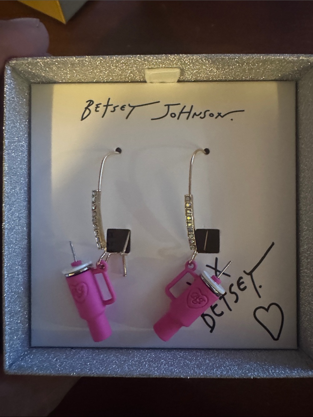 Betsey Johnson Hot Pink Stanley Cup Dangle Earrings with Silver Accents